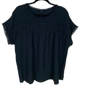 Dokotoo Black Swiss Dot Lace Trim Short Sleeve Button Back Top Size 2XL
